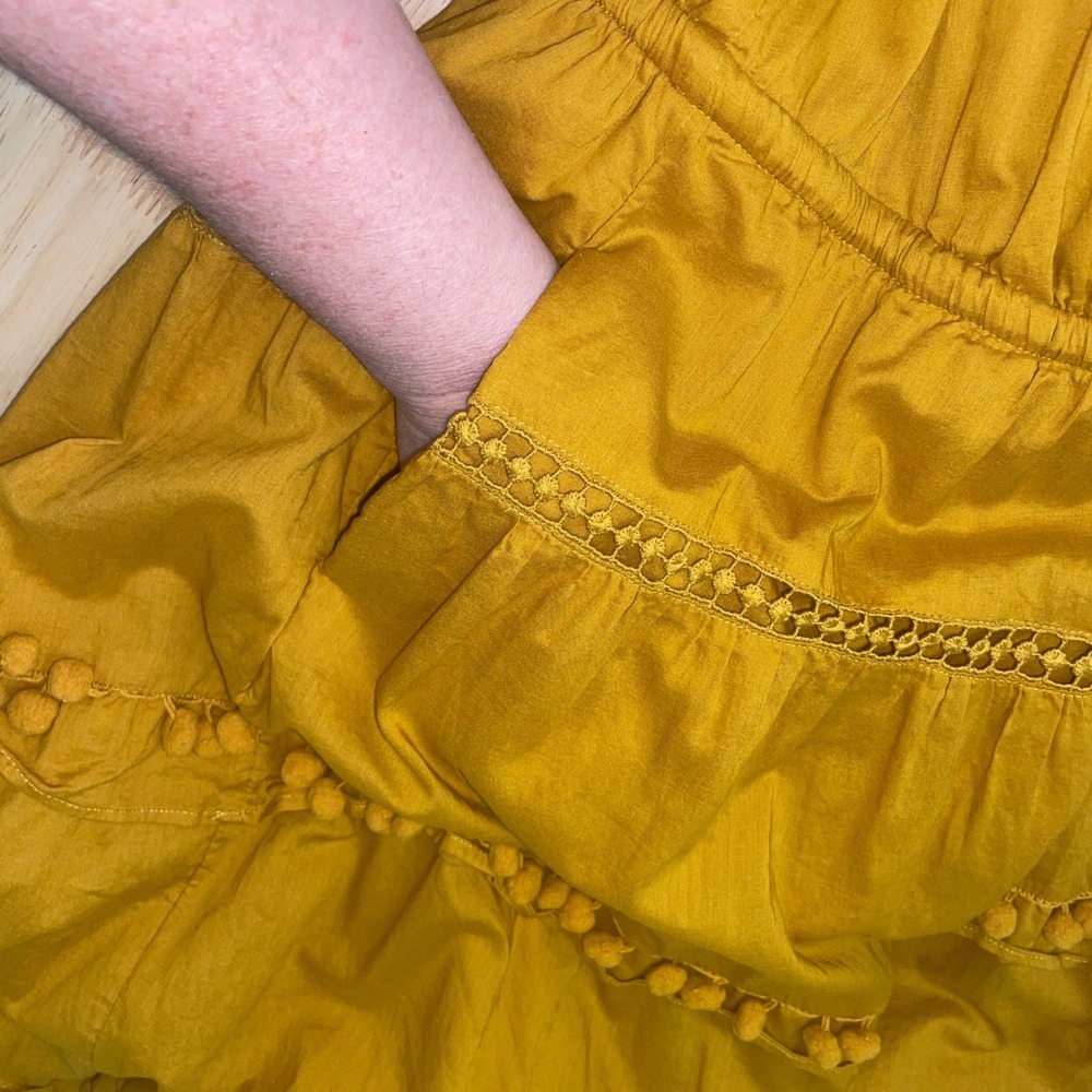Point Sur J.Crew Mustard Yellow Pom Pom Tiered Midi Dress Womens 8 Cotton Boho - Picture 8 of 13